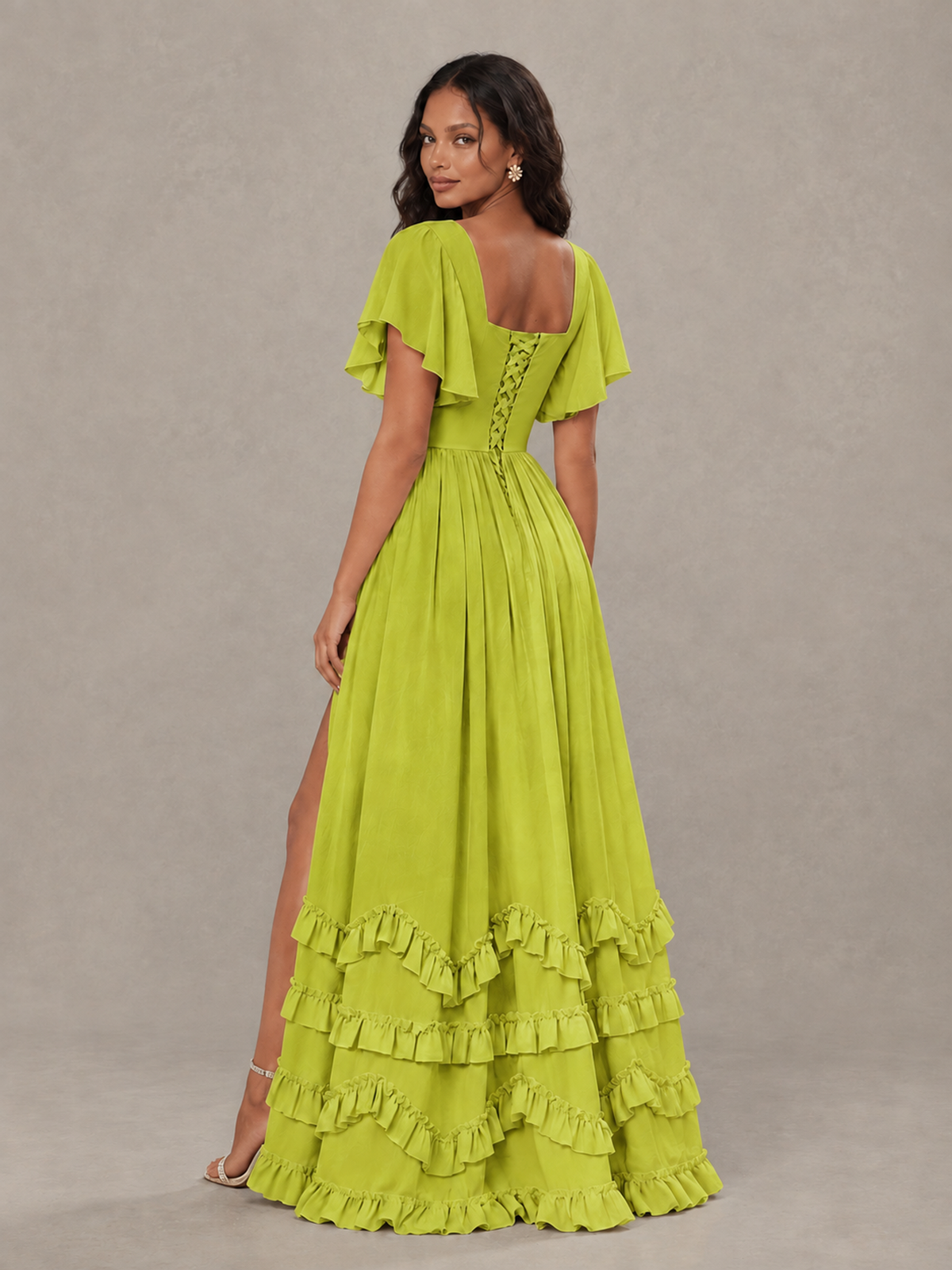 BOLODOO Chartreuse V-Neck Flutter Sleeve Ruffle Bridesmaid Dress with Slit - Chartreuse - Chartreuse (2)