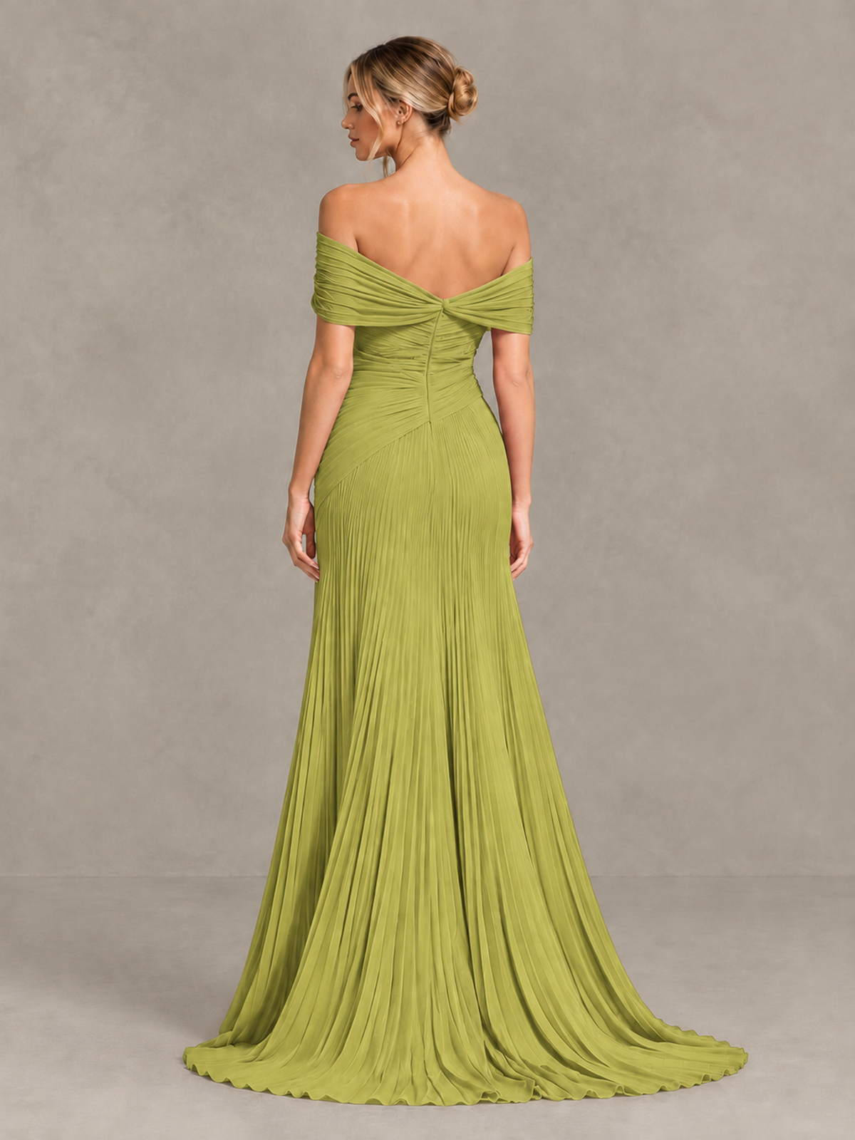 BOLODOO Chartreuse Off-Shoulder Ruched Pleated Maxi Dress with High Slit - Chartreuse - Chartreuse (2)