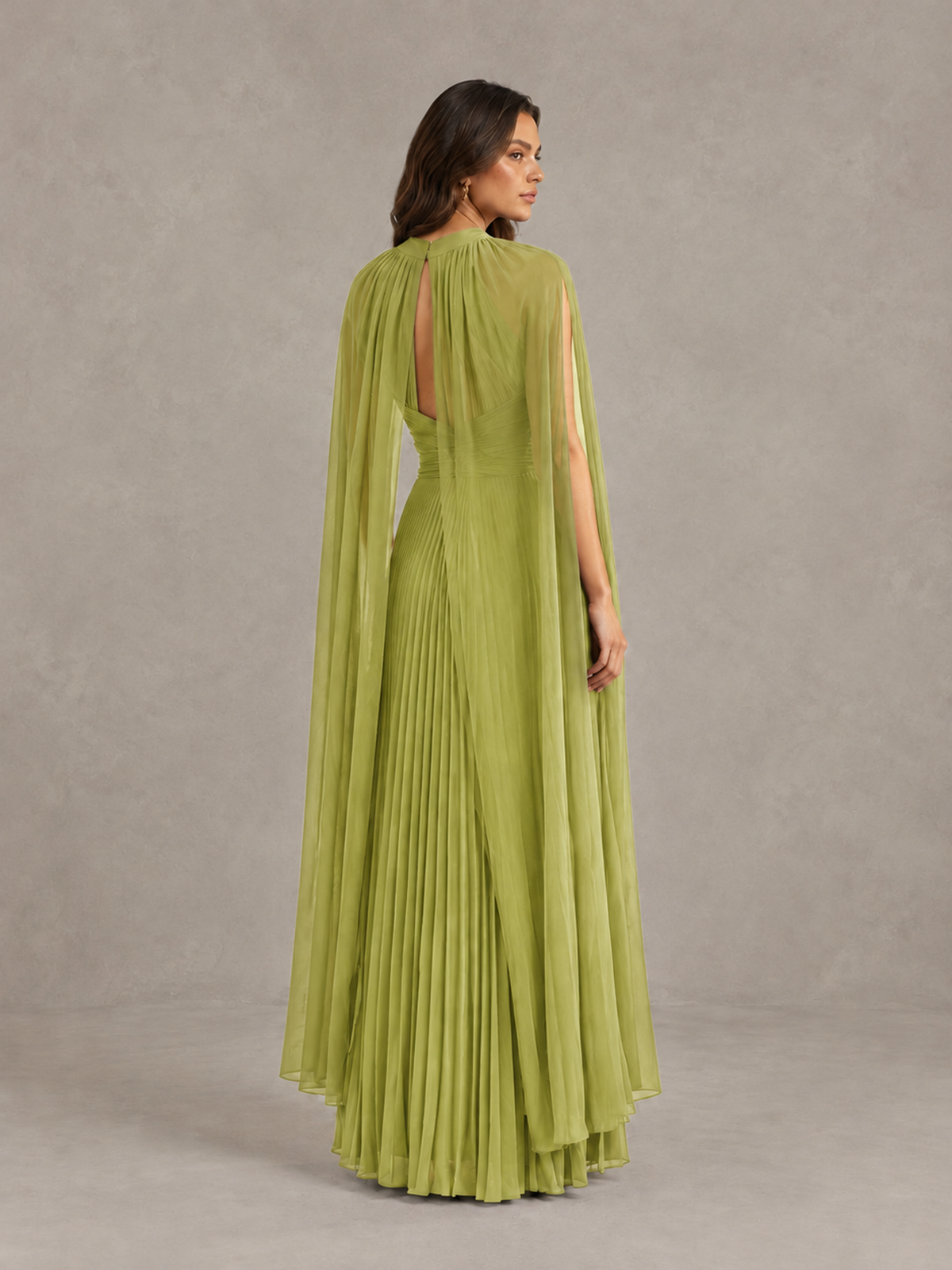 BOLODOO Chartreuse Pleated Cape Maxi Wedding Guest Dress - Chartreuse - Chartreuse (2)