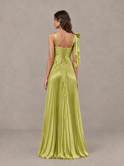 BOLODOO Chartreuse Pleated Bow-Strap Bridesmaid Maxi Dress - Chartreuse - Chartreuse (2)