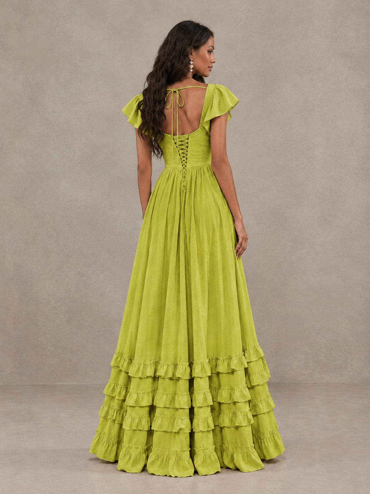 BOLODOO Chartreuse Flutter Sleeve Ruffle Bridesmaid Dress with Slit - Chartreuse - Chartreuse (2)