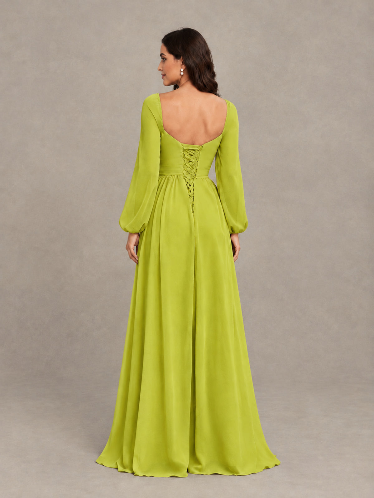 BOLODOO Chartreuse Long Sleeve Chiffon Bridesmaid Dress with Slit - Chartreuse - Chartreuse (2)