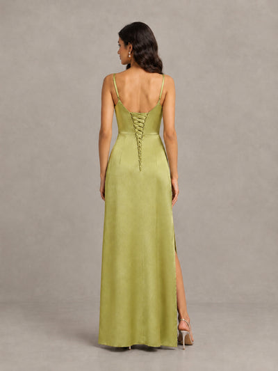 BOLODOO Chartreuse Cowl Neck Satin Bridesmaid Dress with Slit - Chartreuse - Chartreuse (2)
