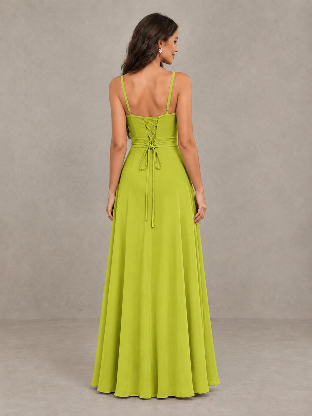 BOLODOO Chartreuse Spaghetti Strap Ruffle Bridesmaid Dress with Slit - Chartreuse - Chartreuse (2)