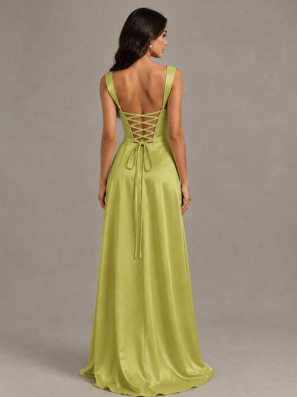 BOLODOO Chartreuse Satin Lace-Up Bridesmaid Dress with Slit - Chartreuse - Chartreuse (2)