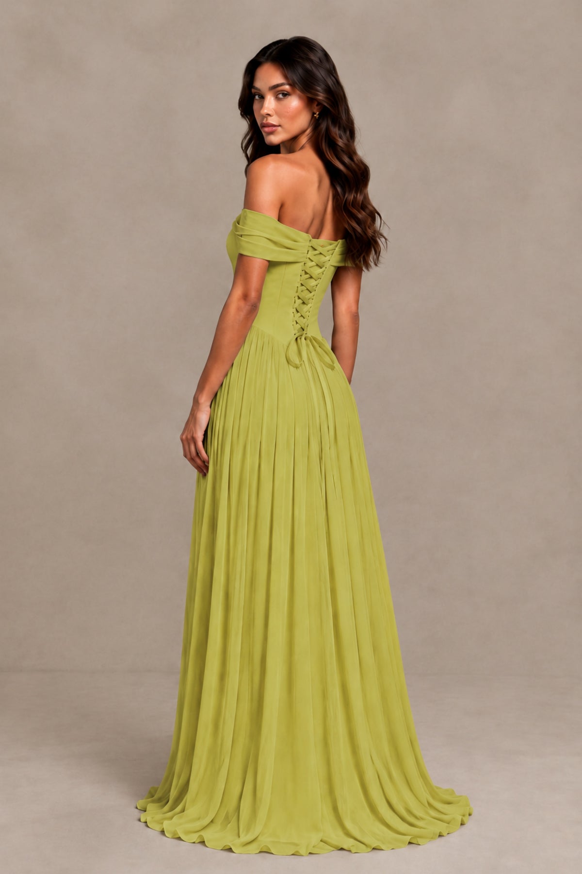 BOLODOO Chartreuse Off-Shoulder Sweetheart Corset Pleated Chiffon Maxi Dress - Chartreuse - Chartreuse (2)