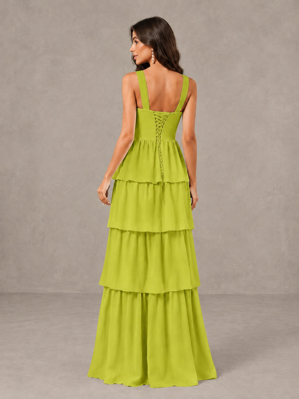 BOLODOO Chartreuse Square Neck Tiered Bridesmaid Dress with Slit - Chartreuse - Chartreuse (2)