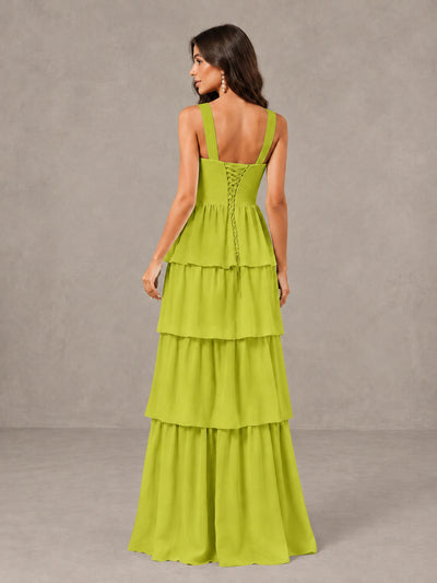 BOLODOO Chartreuse Square Neck Tiered Bridesmaid Dress with Slit - Chartreuse - Chartreuse (2)