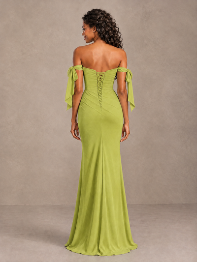 Chartreuse Off-Shoulder Bow Bridesmaid Dress with Slit - Chartreuse - Chartreuse (2)