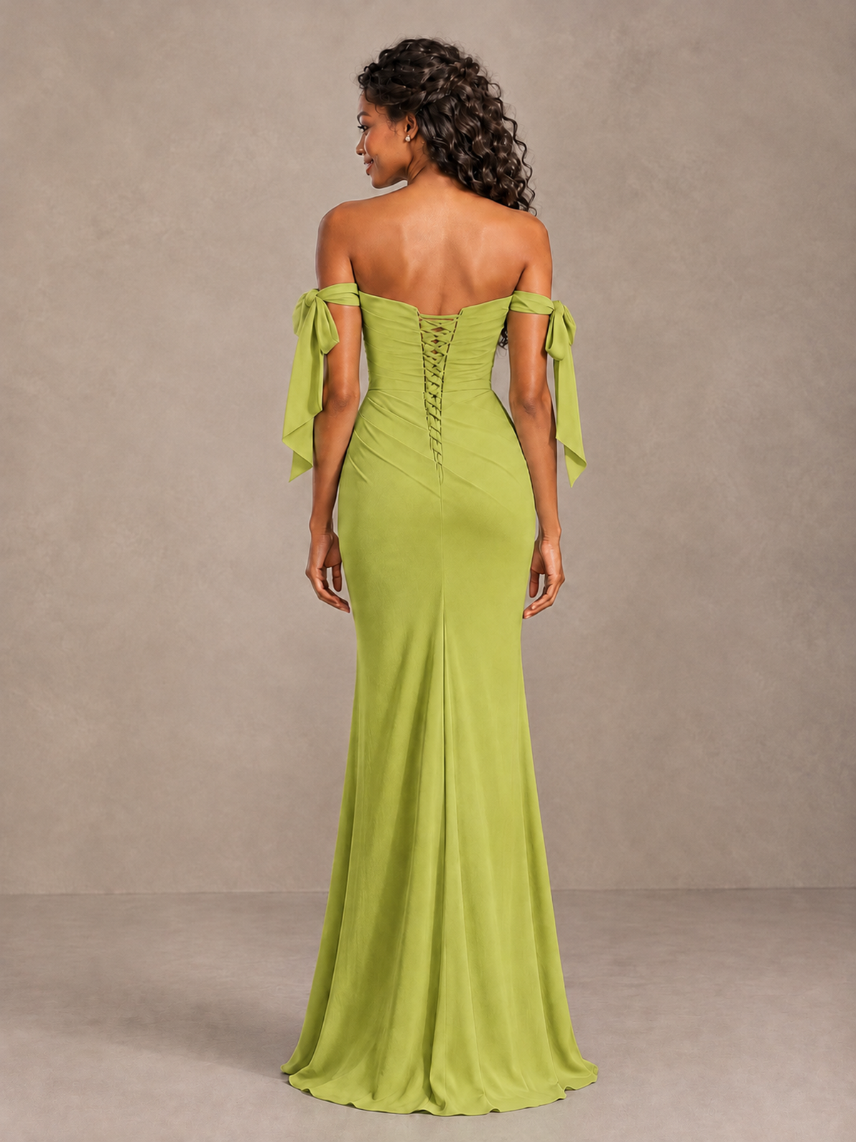 Chartreuse Off-Shoulder Bow Bridesmaid Dress with Slit - Chartreuse - Chartreuse (2)
