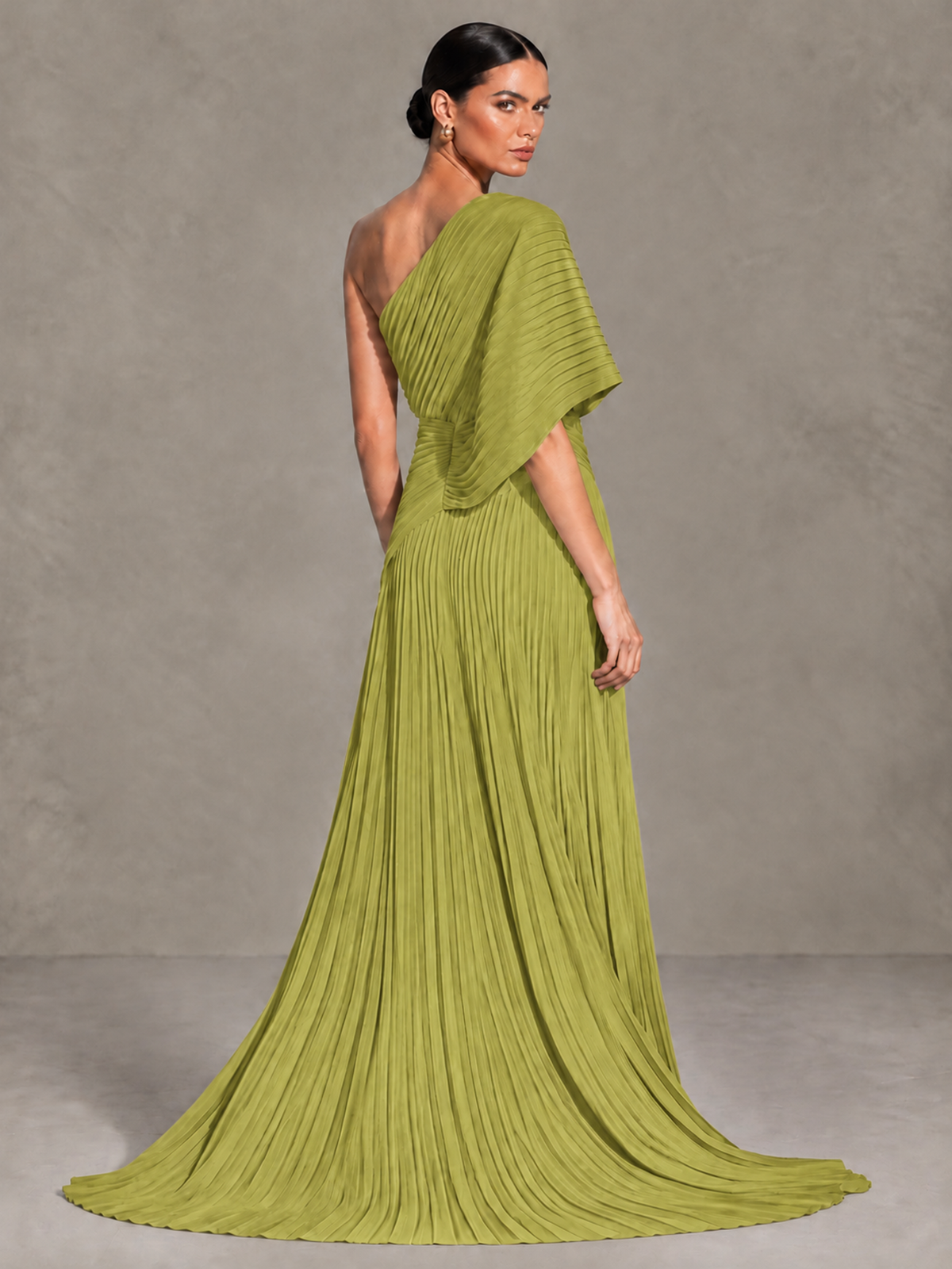 BOLODOO Chartreuse One-Shoulder Pleated Cape Evening Gown with Train - Chartreuse - Chartreuse (2)