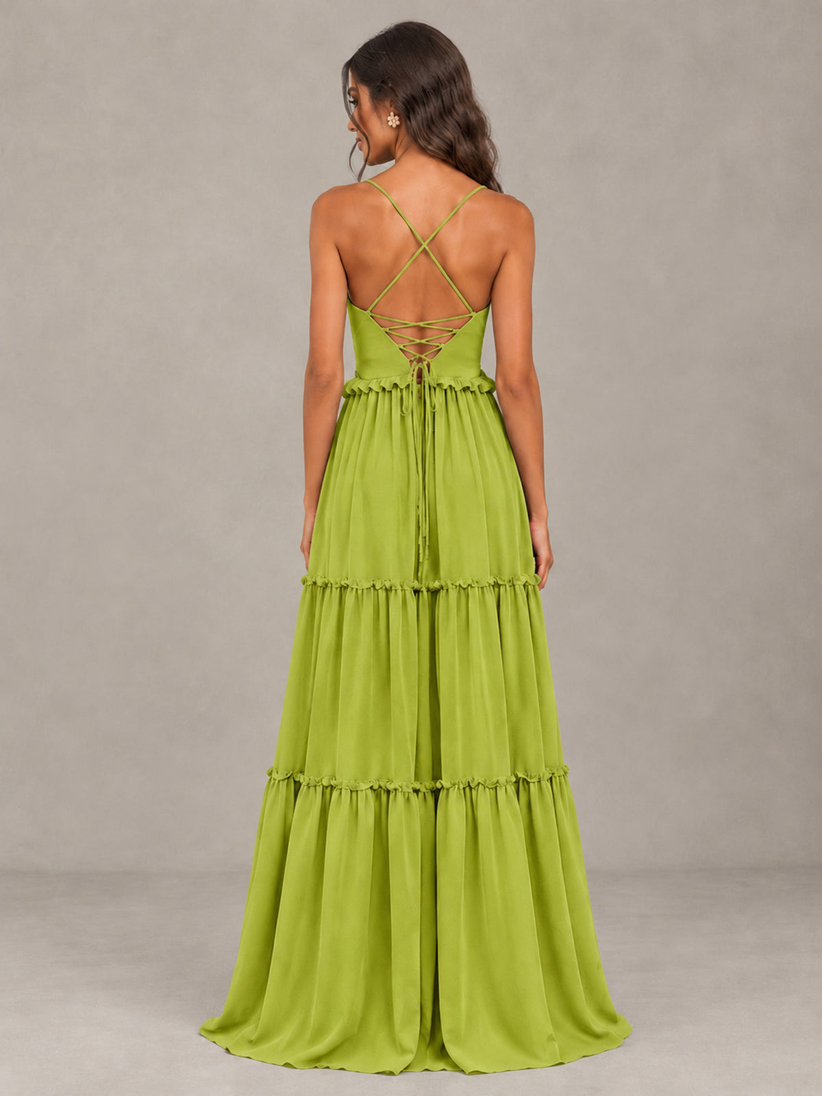 BOLODOO Chartreuse Tiered V-Neck Lace-Up Back Bridesmaid Dress - Chartreuse - Chartreuse (2)