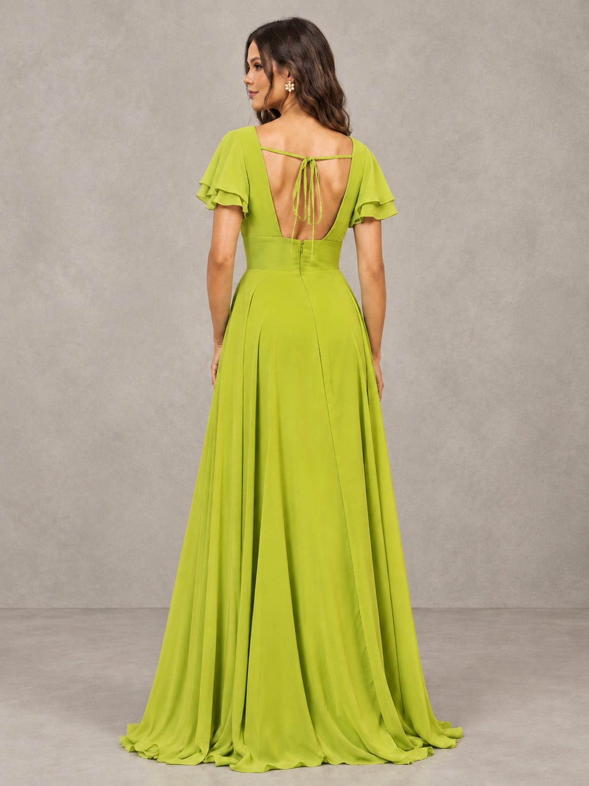 BOLODOO Chartreuse Flutter Sleeve Chiffon A-Line Maxi Bridesmaid Dress with Open Back & Slit - Chartreuse - Chartreuse (2)