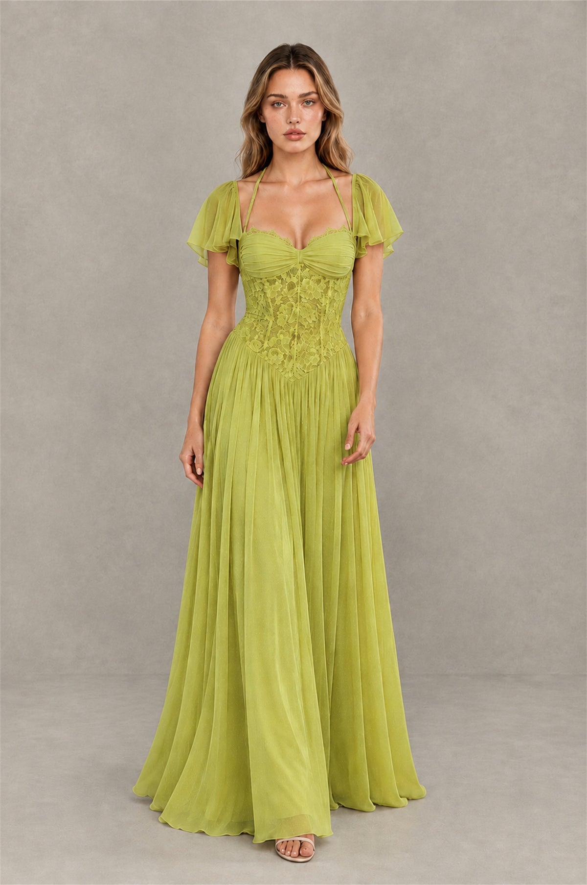 BOLODOO Chartreuse Flutter Sleeve Lace Corset A-Line Maxi Dress - Chartreuse - Chartreuse (3)