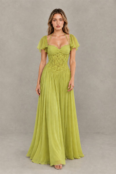 BOLODOO Chartreuse Flutter Sleeve Lace Corset A-Line Maxi Dress - Chartreuse - Chartreuse (3)