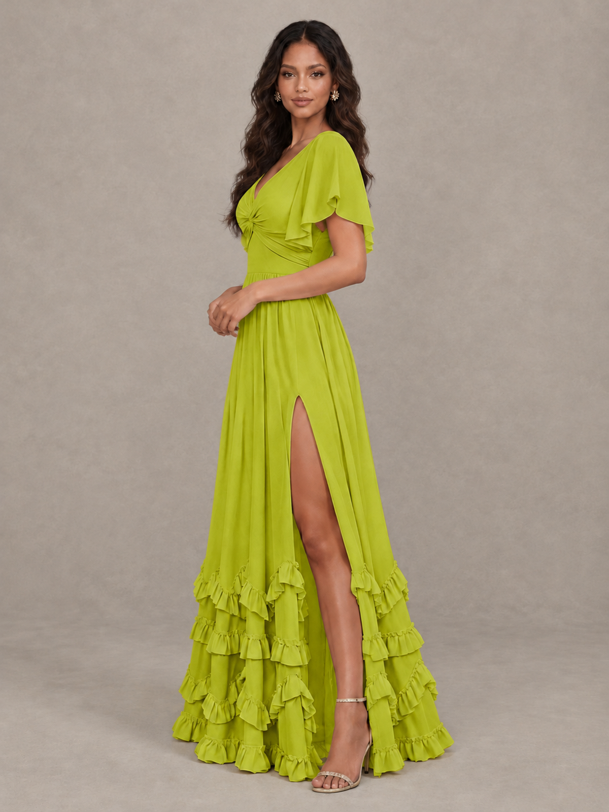 BOLODOO Chartreuse V-Neck Flutter Sleeve Ruffle Bridesmaid Dress with Slit - Chartreuse - Chartreuse (3)