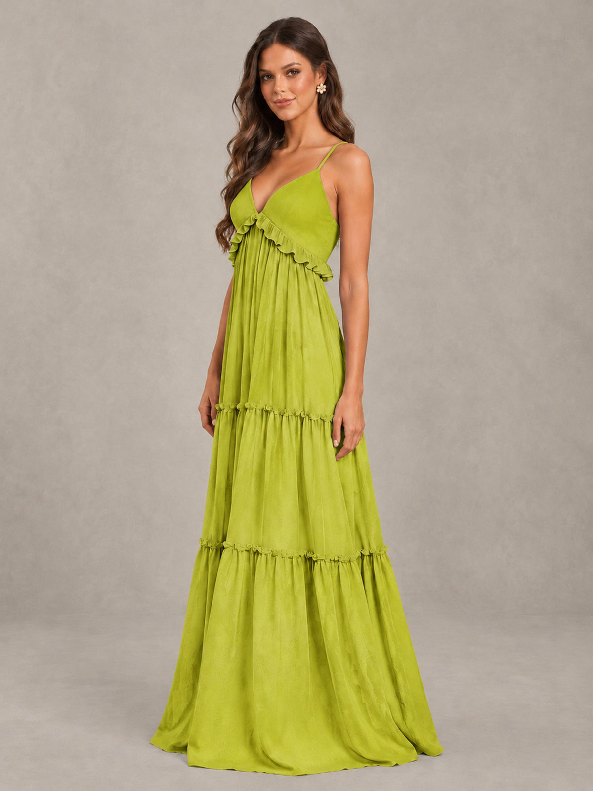 BOLODOO Chartreuse Tiered V-Neck Lace-Up Back Bridesmaid Dress - Chartreuse - Chartreuse (3)
