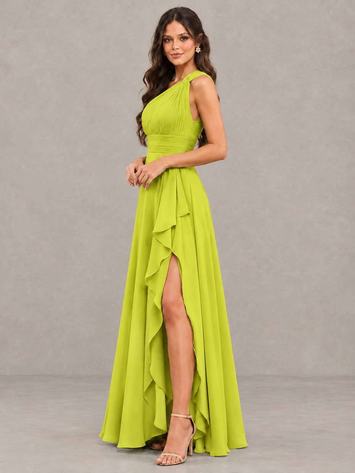 BOLODOO Chartreuse One-Shoulder Ruffle Bridesmaid Dress with Slit - Chartreuse - Chartreuse (3)