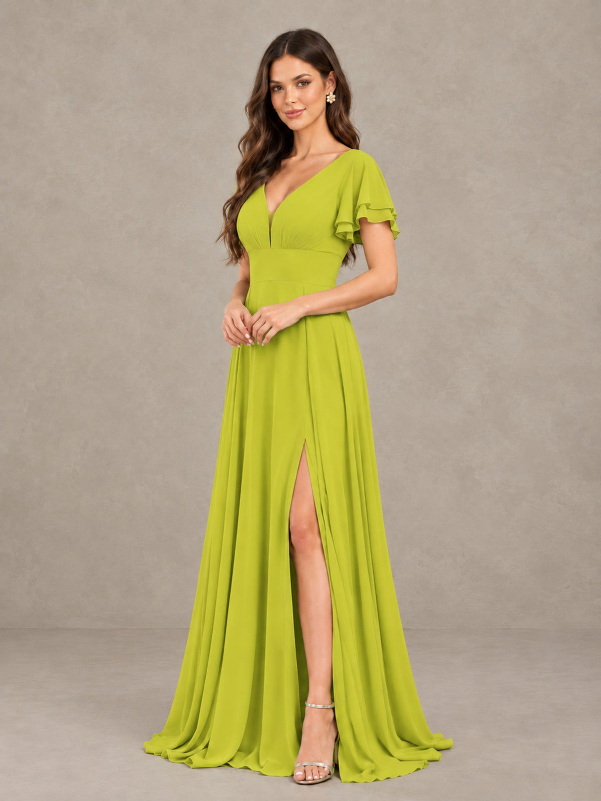 BOLODOO Chartreuse Flutter Sleeve Chiffon A-Line Maxi Bridesmaid Dress with Open Back & Slit - Chartreuse - Chartreuse (3)