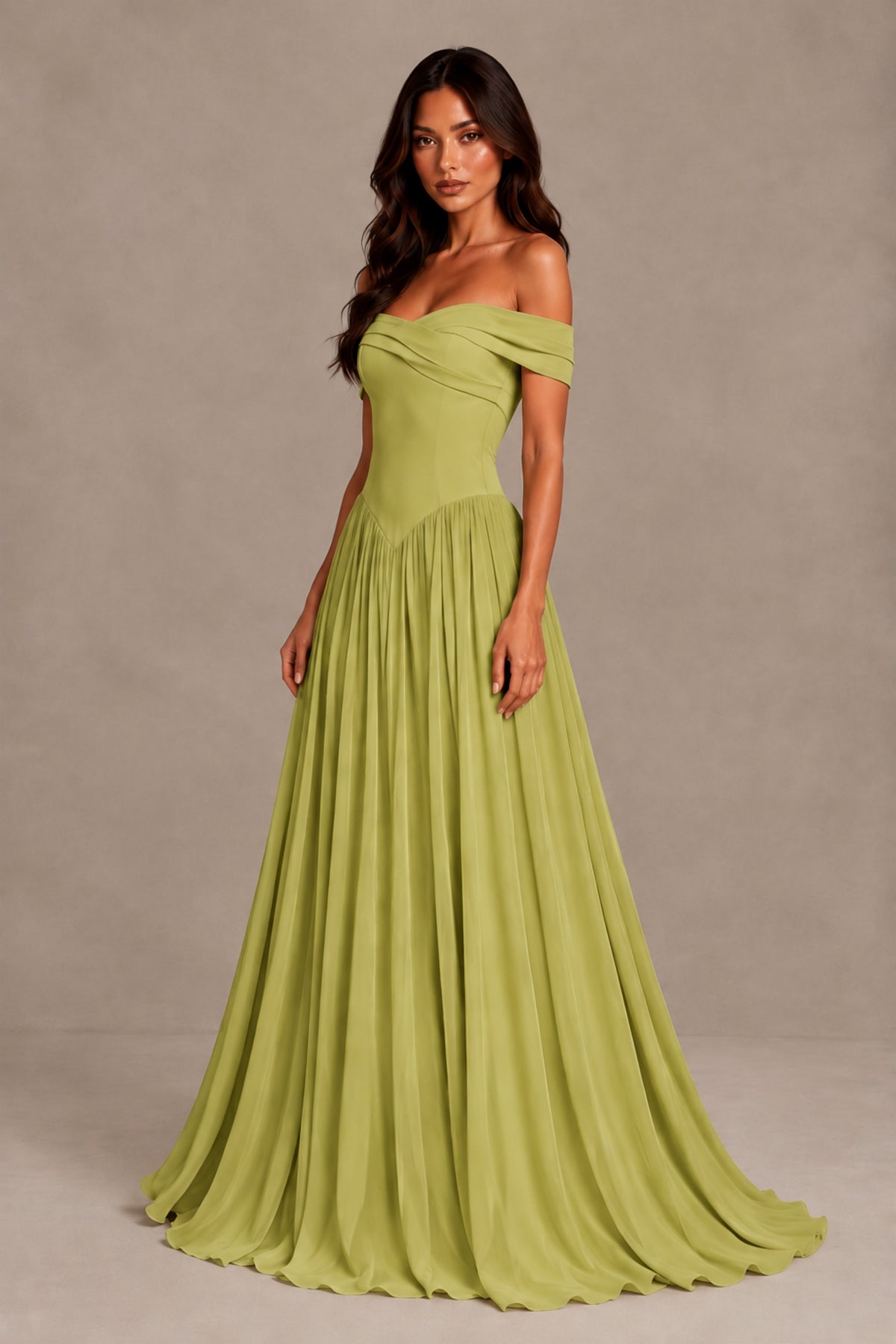 BOLODOO Chartreuse Off-Shoulder Sweetheart Corset Pleated Chiffon Maxi Dress - Chartreuse - Chartreuse (3)