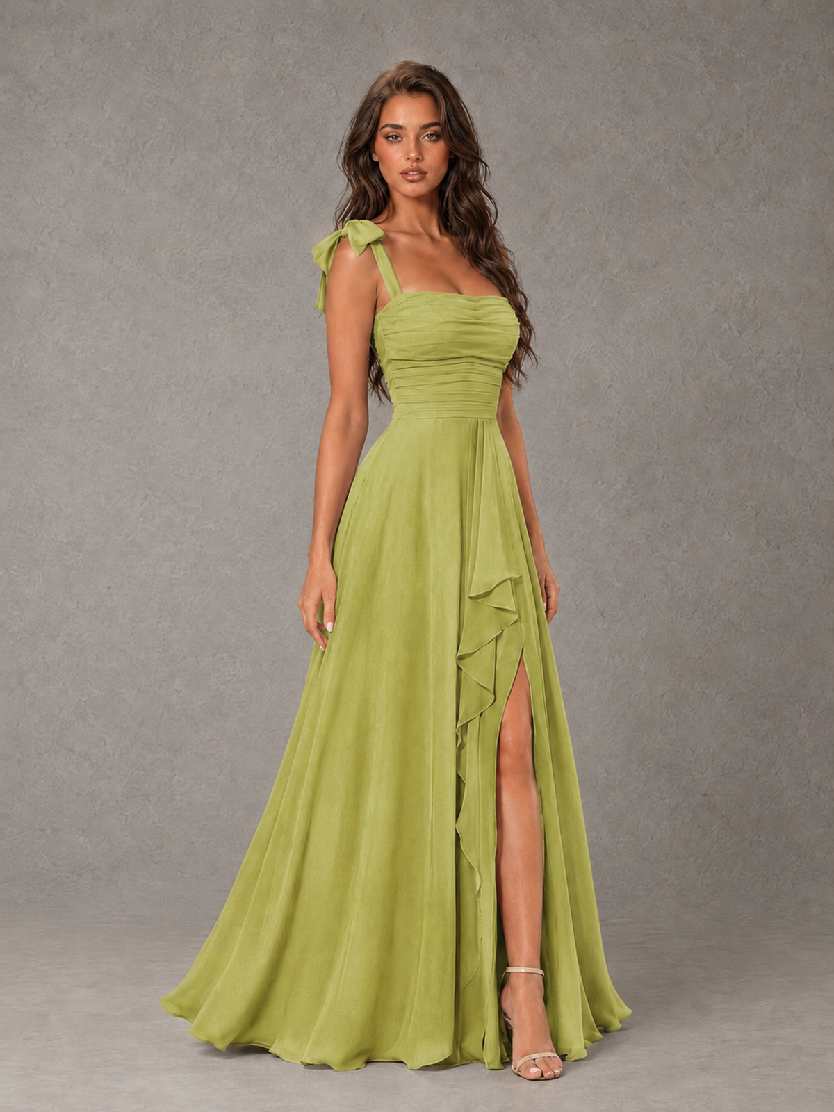 BOLODOO Chartreuse Bow-Strap Bridesmaid Dress with Ruffle Slit - Chartreuse - Chartreuse (3)