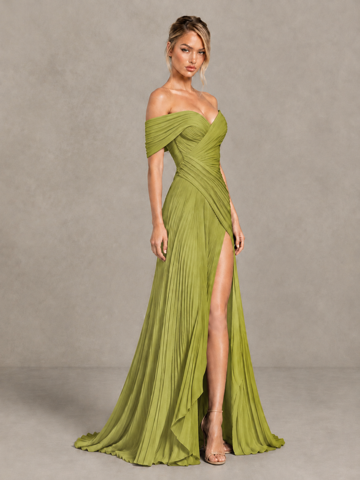 BOLODOO Chartreuse Off-Shoulder Ruched Pleated Maxi Dress with High Slit - Chartreuse - Chartreuse (3)