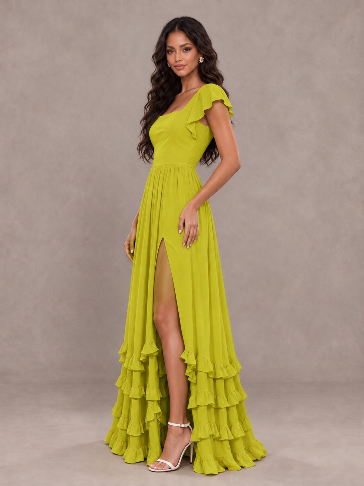 BOLODOO Chartreuse Flutter Sleeve Ruffle Bridesmaid Dress with Slit - Chartreuse - Chartreuse (3)