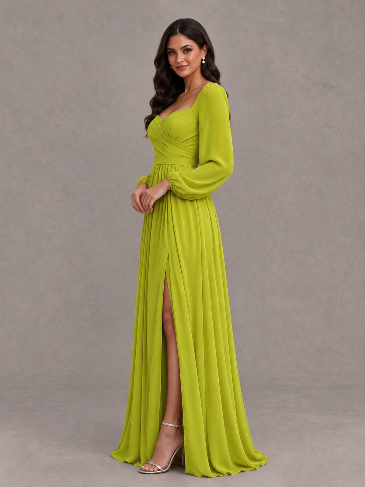 BOLODOO Chartreuse Long Sleeve Chiffon Bridesmaid Dress with Slit - Chartreuse - Chartreuse (3)