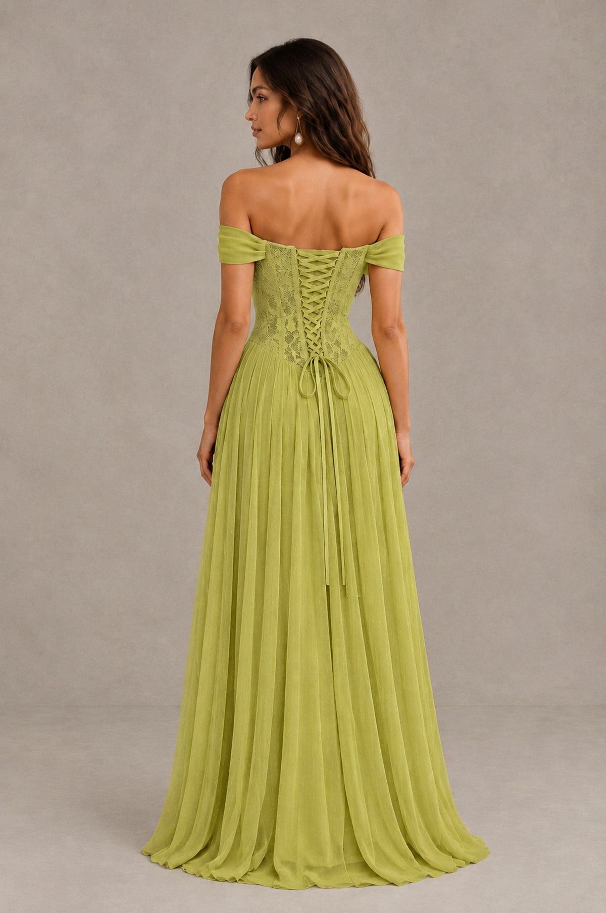 BOLODOO Chartreuse Off-Shoulder Lace Corset Tulle Maxi Dress - Chartreuse - Chartreuse (3)