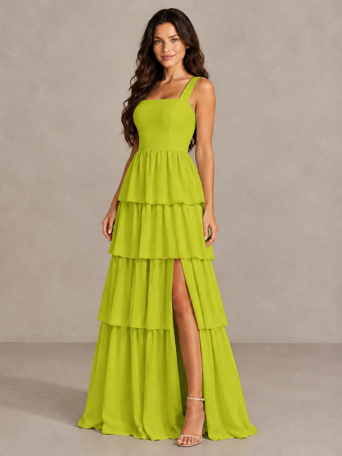 BOLODOO Chartreuse Square Neck Tiered Bridesmaid Dress with Slit - Chartreuse - Chartreuse (3)
