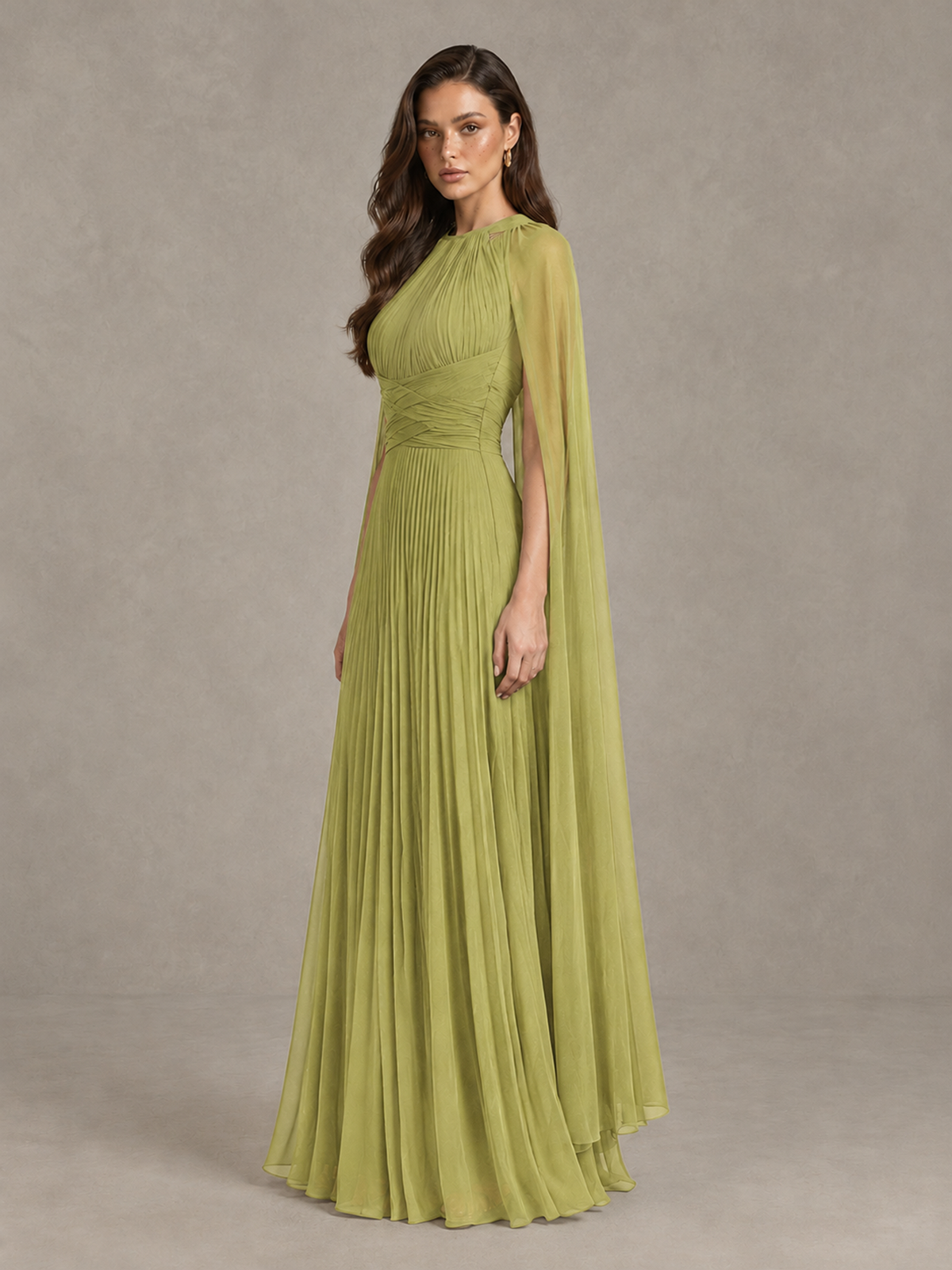 BOLODOO Chartreuse Pleated Cape Maxi Wedding Guest Dress - Chartreuse - Chartreuse (3)