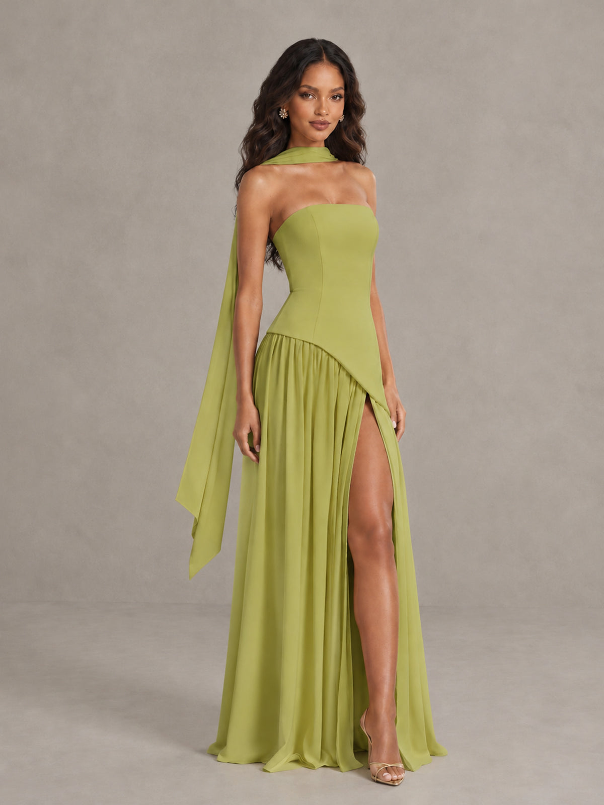 Chartreuse Strapless Bridesmaid Dress with Scarf & High Slit - Chartreuse - Chartreuse (3)