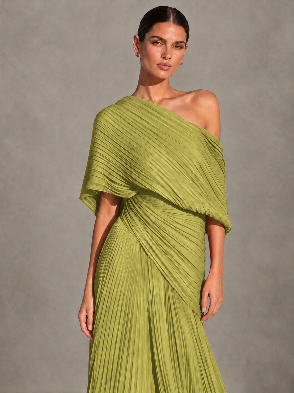 BOLODOO Chartreuse One-Shoulder Pleated Cape Evening Gown with Train - Chartreuse - Chartreuse (3)