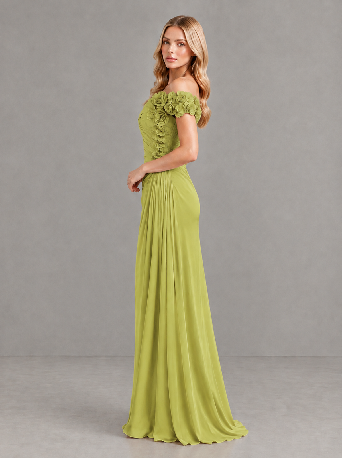 BOLODOO Chartreuse Off-Shoulder Floral Applique Wedding Guest Maxi Dress - Chartreuse - Chartreuse (3)