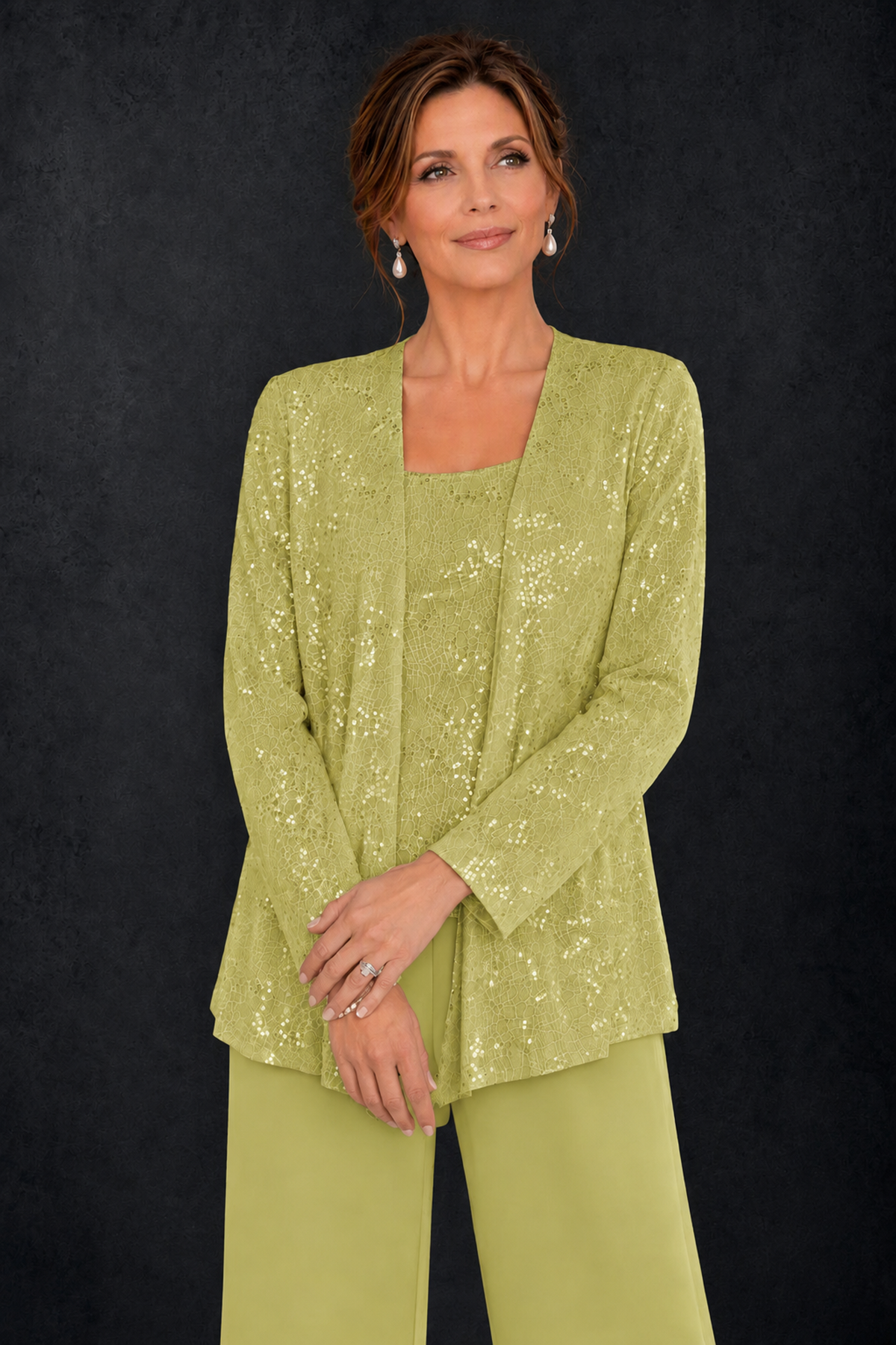 BOLODOO Chartreuse Sequin Lace 3-Piece Pant Suit with Long Sleeve Jacket - Chartreuse - Chartreuse (3)