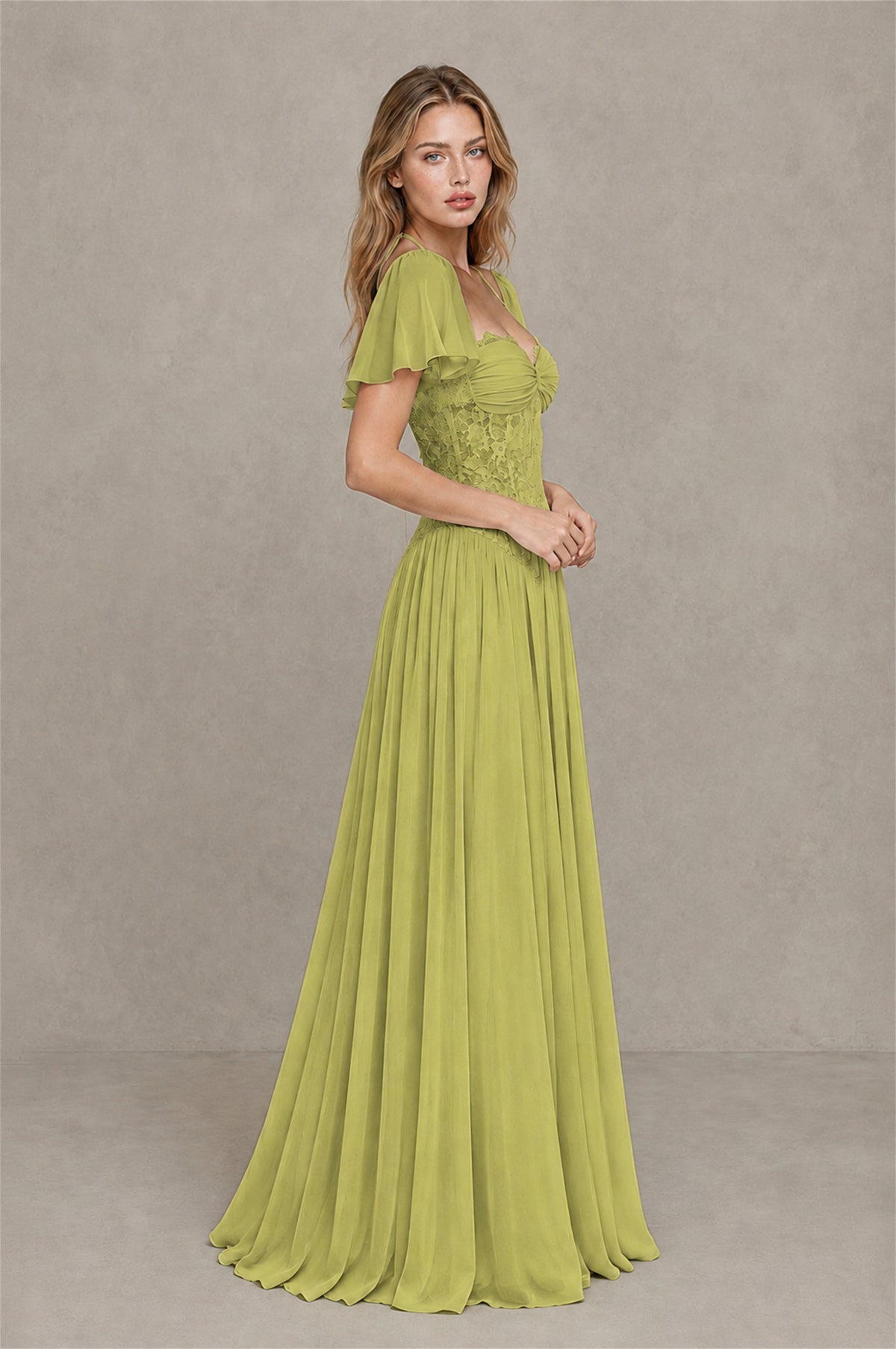 BOLODOO Chartreuse Flutter Sleeve Lace Corset A-Line Maxi Dress - Chartreuse - Chartreuse (4)