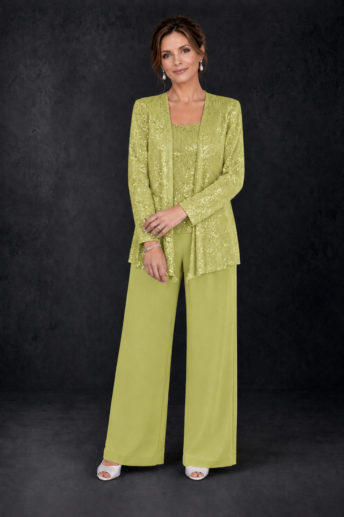 BOLODOO Chartreuse Sequin Lace 3-Piece Pant Suit with Long Sleeve Jacket - Chartreuse - Chartreuse (4)