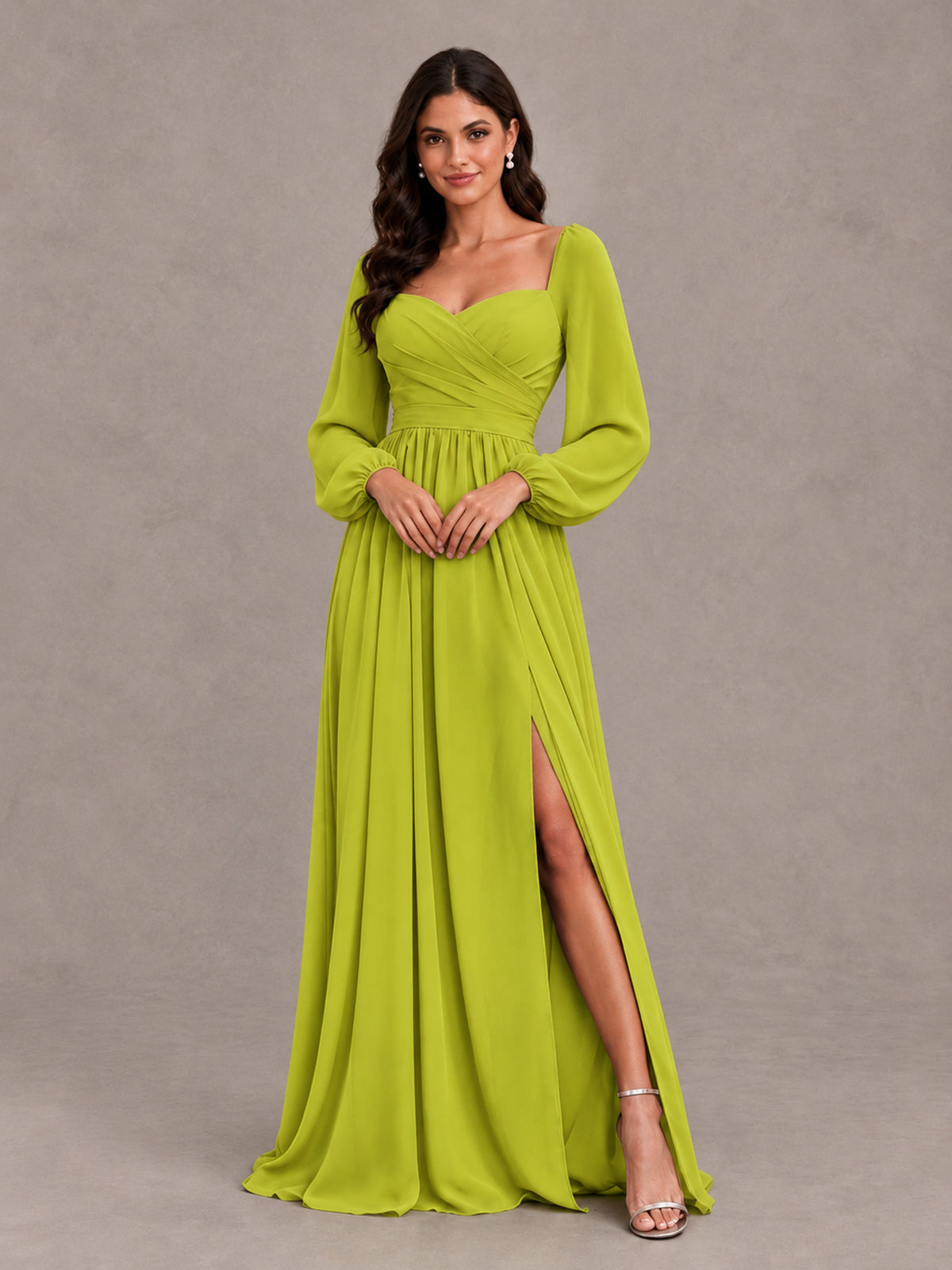 BOLODOO Chartreuse Long Sleeve Chiffon Bridesmaid Dress with Slit - Chartreuse - Chartreuse (4)