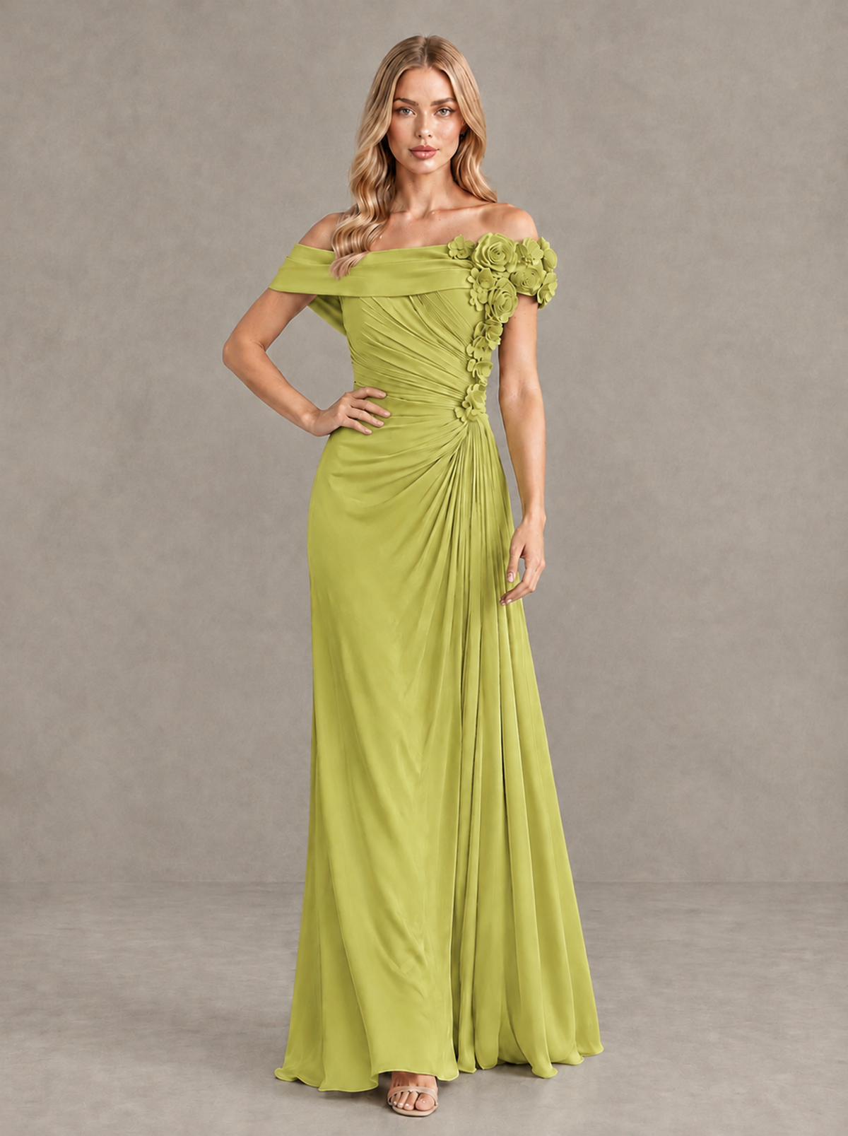 BOLODOO Chartreuse Off-Shoulder Floral Applique Wedding Guest Maxi Dress - Chartreuse - Chartreuse (4)