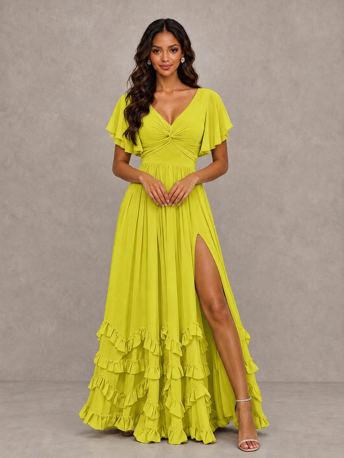 BOLODOO Chartreuse V-Neck Flutter Sleeve Ruffle Bridesmaid Dress with Slit - Chartreuse - Chartreuse (4)