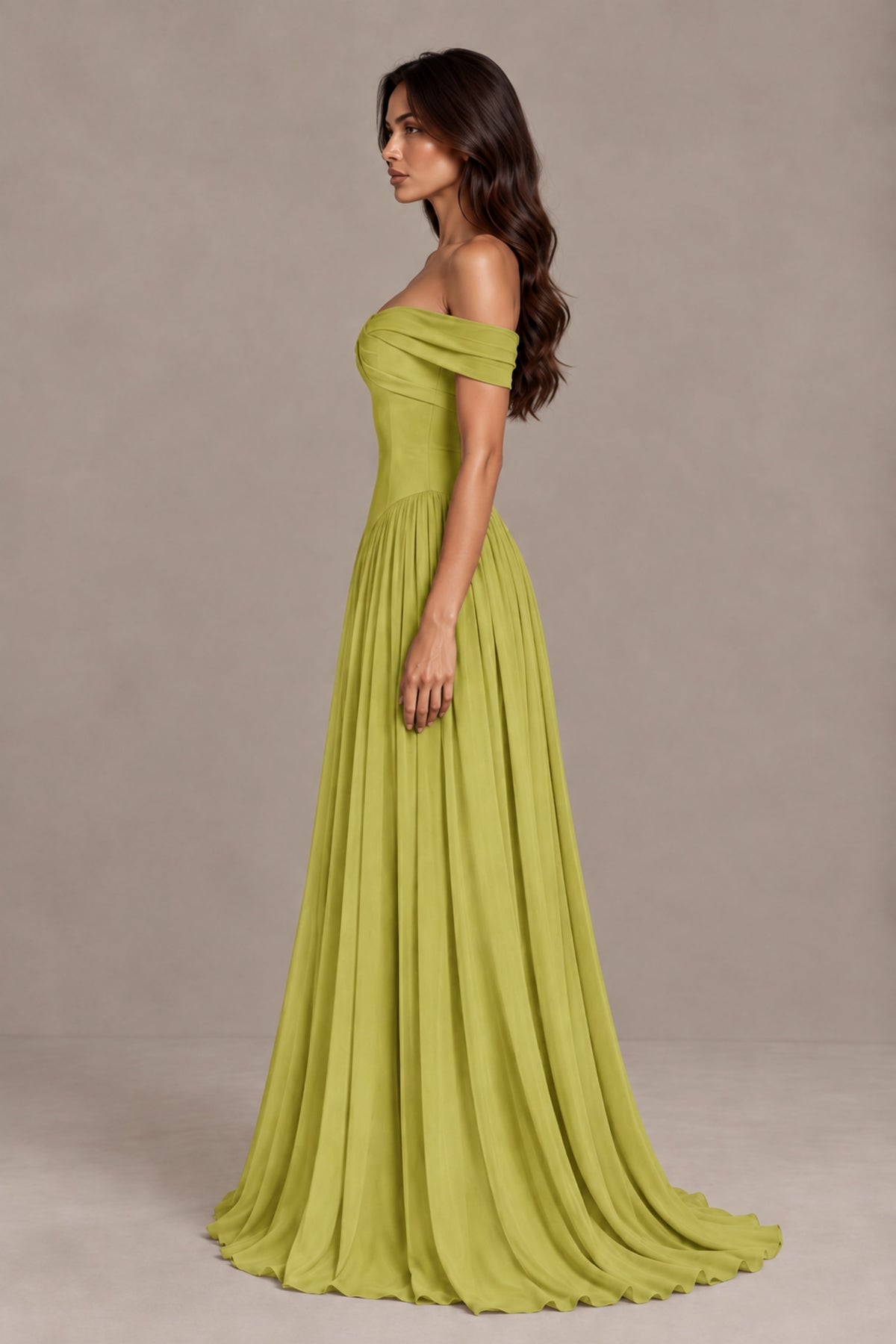 BOLODOO Chartreuse Off-Shoulder Sweetheart Corset Pleated Chiffon Maxi Dress - Chartreuse - Chartreuse (4)