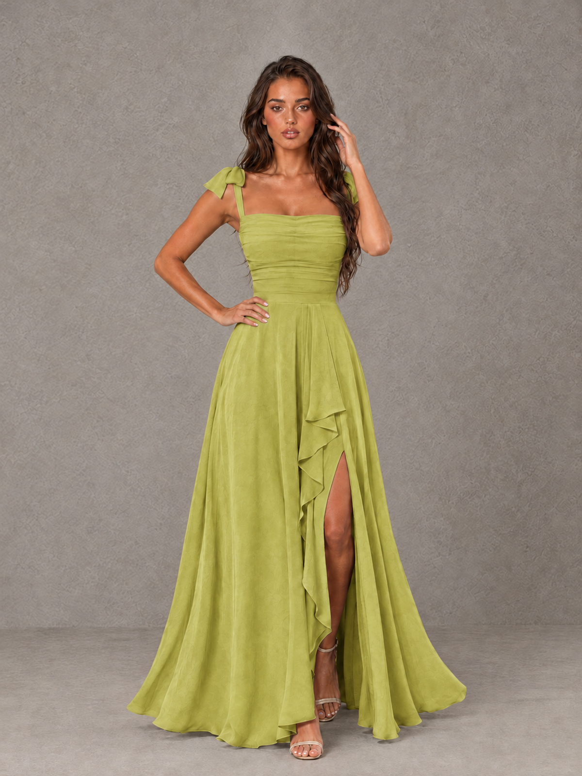 BOLODOO Chartreuse Bow-Strap Bridesmaid Dress with Ruffle Slit - Chartreuse - Chartreuse (4)