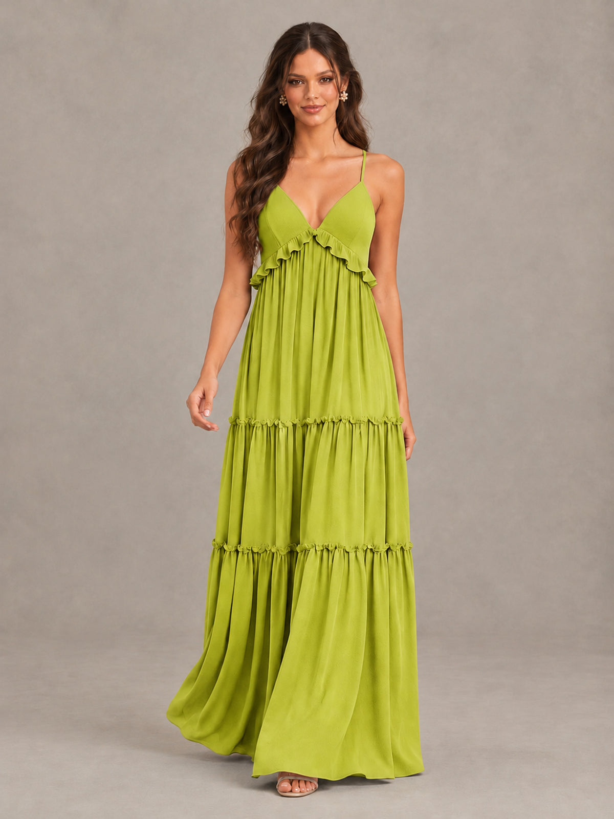 BOLODOO Chartreuse Tiered V-Neck Lace-Up Back Bridesmaid Dress - Chartreuse - Chartreuse (4)