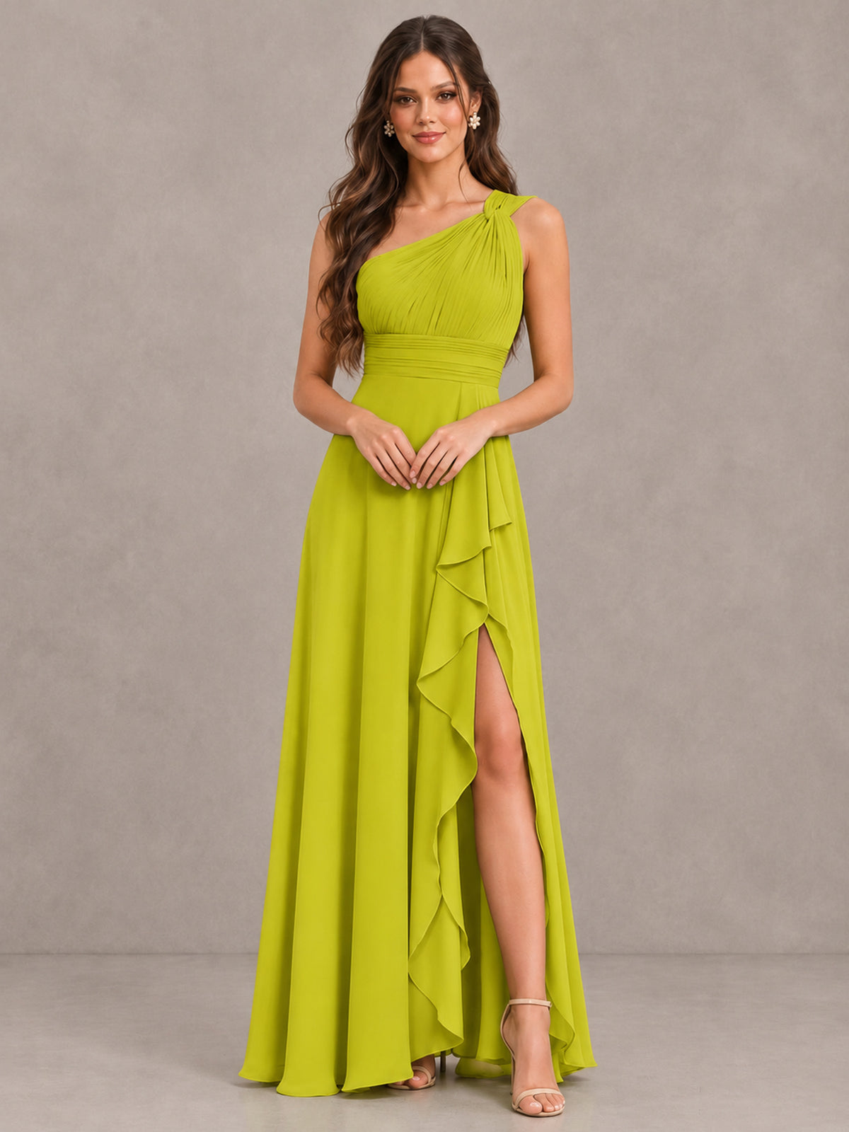 BOLODOO Chartreuse One-Shoulder Ruffle Bridesmaid Dress with Slit - Chartreuse - Chartreuse (4)