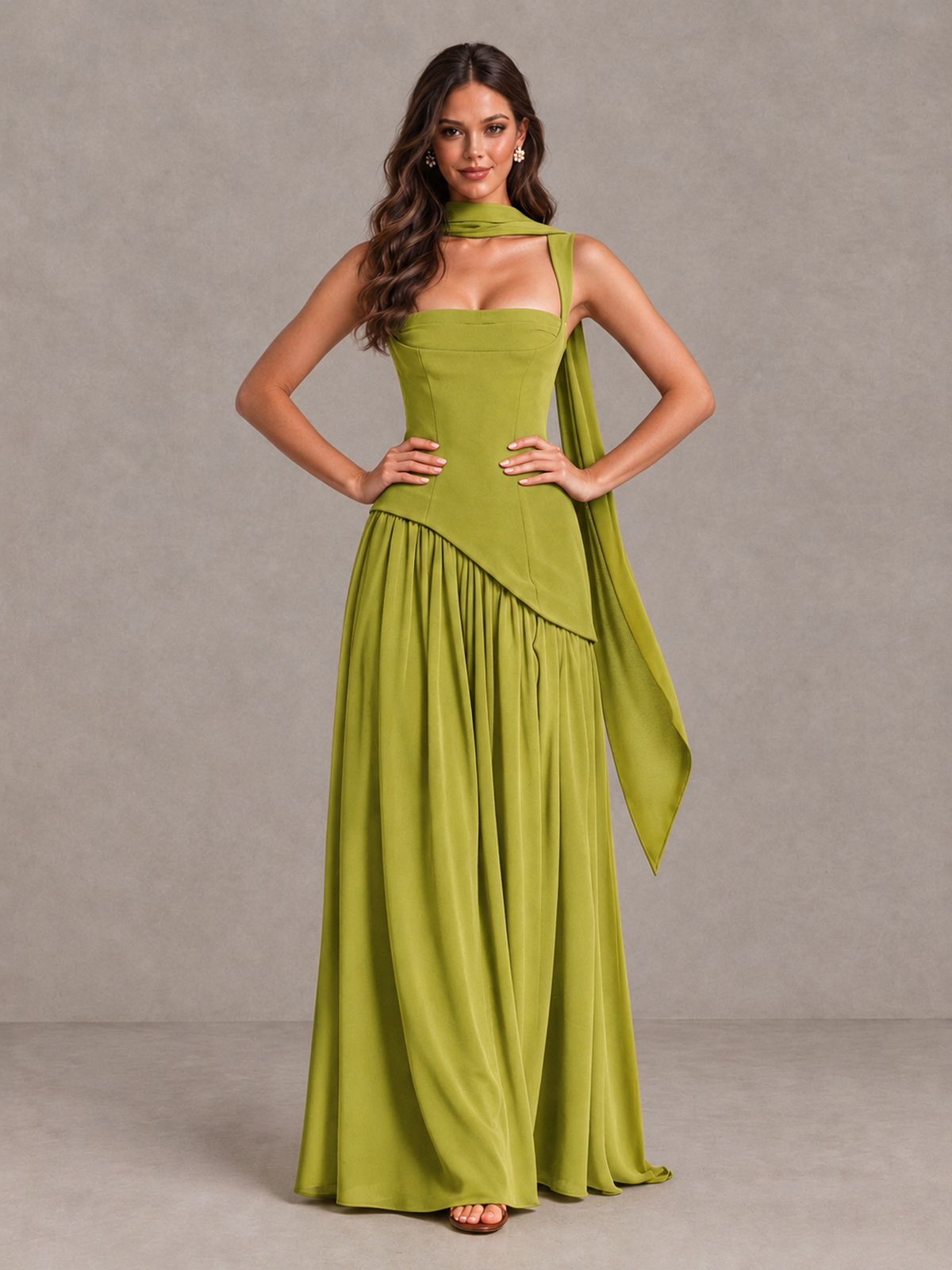 BOLODOO Chartreuse Brown Scarf Bridesmaid Dress with Lace-Up Back - Chartreuse - Chartreuse (4)