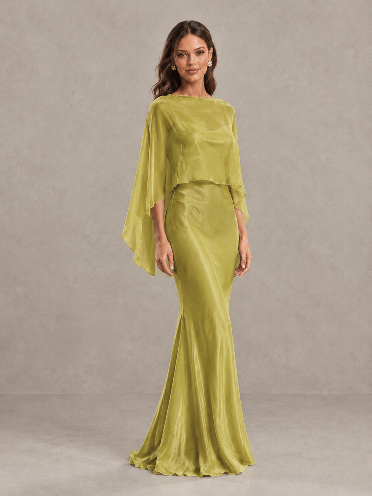 BOLODOO Chartreuse Satin Mermaid Bridesmaid Dress with Chiffon Cape - Chartreuse - Chartreuse (4)