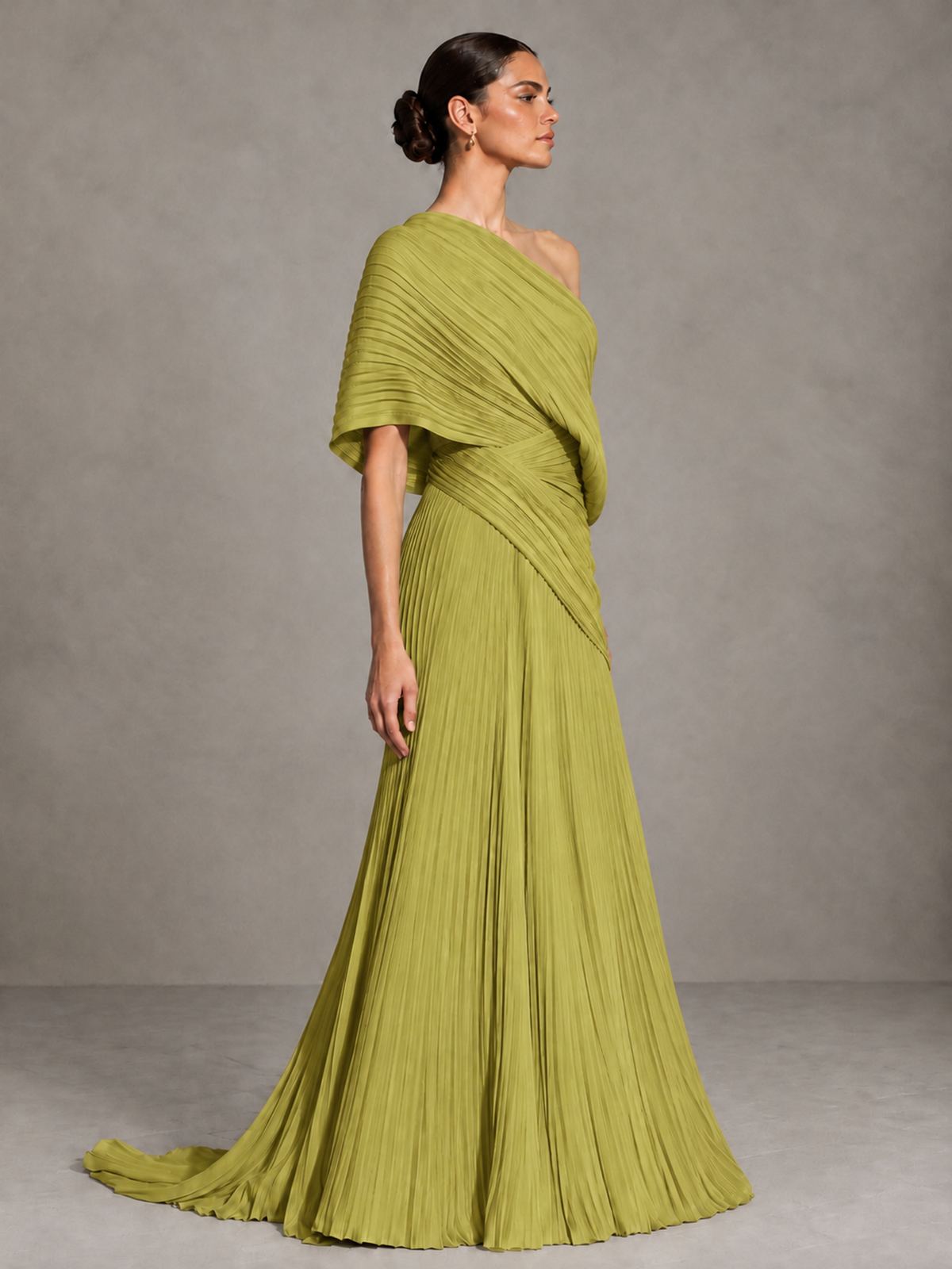 BOLODOO Chartreuse One-Shoulder Pleated Cape Evening Gown with Train - Chartreuse - Chartreuse (4)