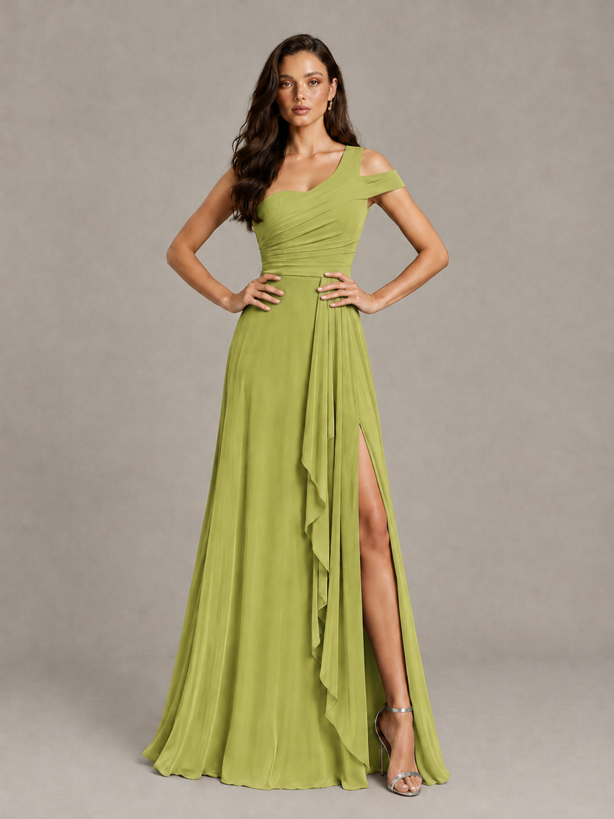 BOLODOO Chartreuse One-Shoulder Bridesmaid Dress with Side Slit - Chartreuse - Chartreuse (4)