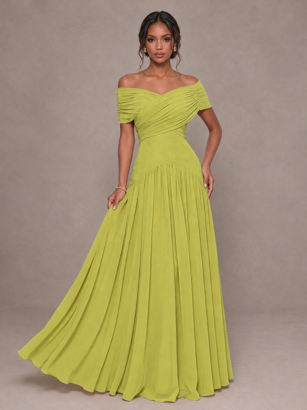 BOLODOO Chartreuse Off-Shoulder Ruched A-Line Bridesmaid Dress - Chartreuse - Chartreuse (4)