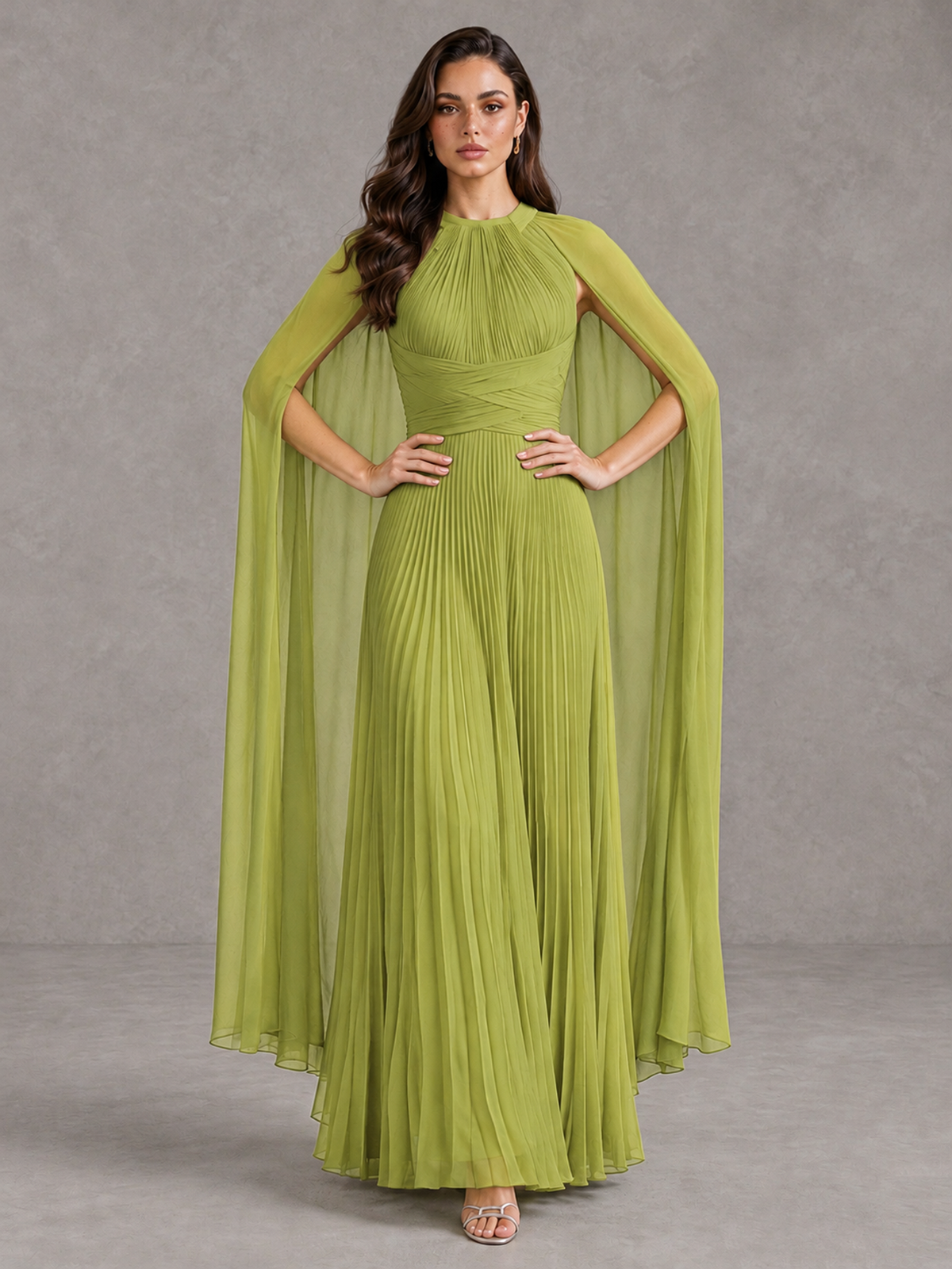 BOLODOO Chartreuse Pleated Cape Maxi Wedding Guest Dress - Chartreuse - Chartreuse (4)